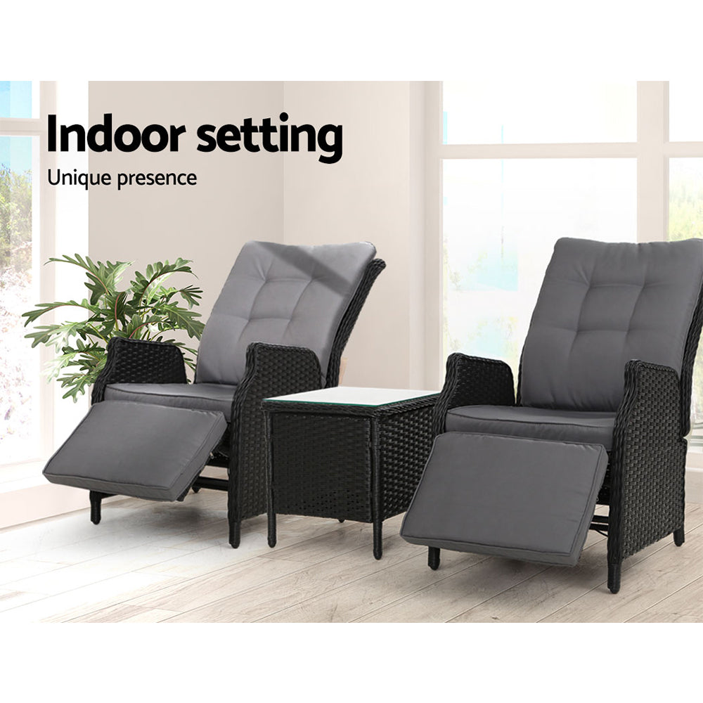 3PC Outdoor Wicker Recliner Chairs & Table Sun lounge - Black