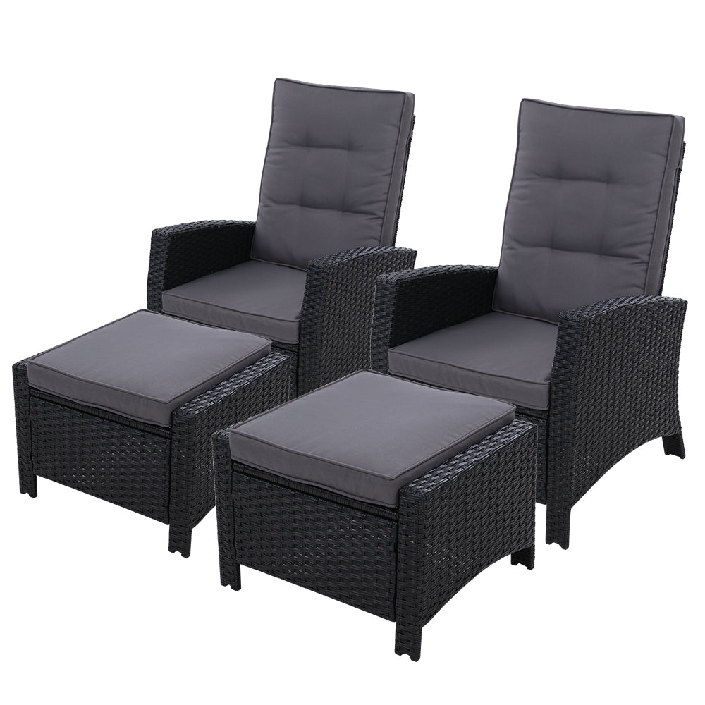 2PC Wicker Recliner Chair Sun Lounge - Black