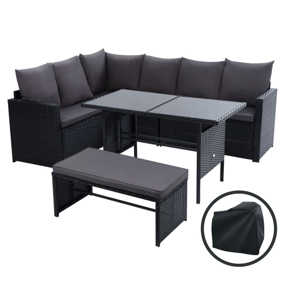 8 Seat Wicker Outdoor Dining Set - Black