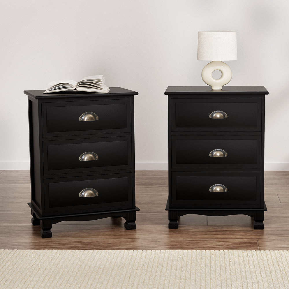Set of 2 Thyme Vintage Bedside Table 3 Drawers - Black