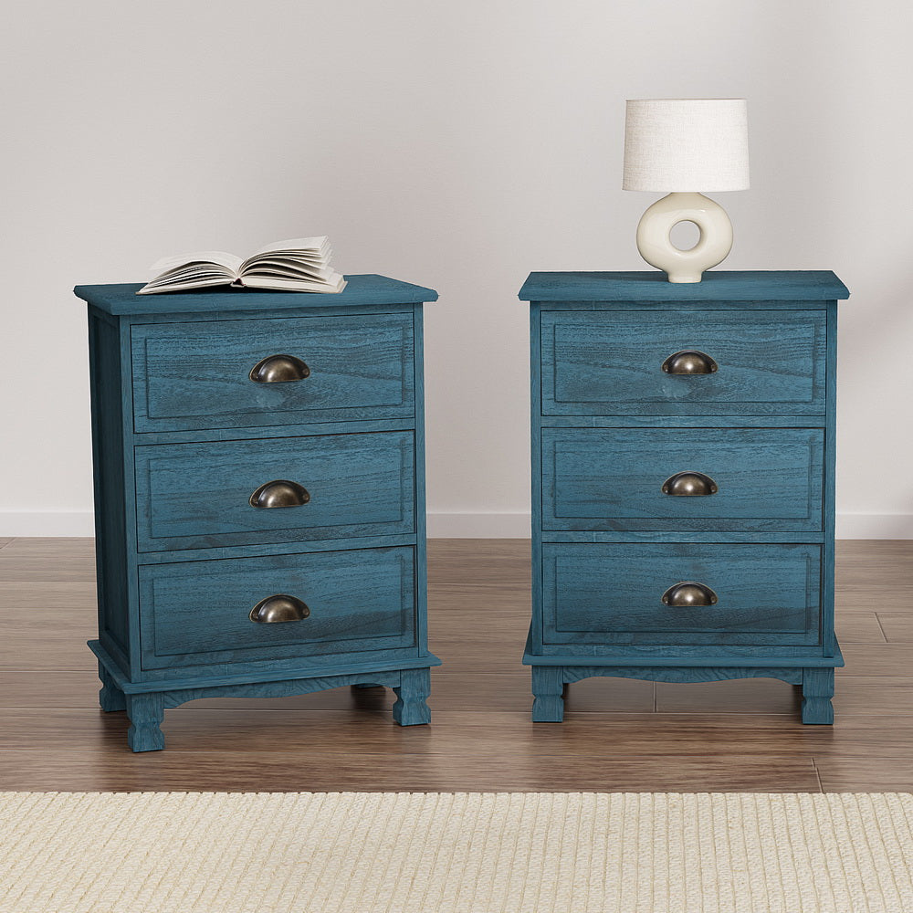 Set of 2 Vintage Thyme Bedside Table 3 Drawers - Blue