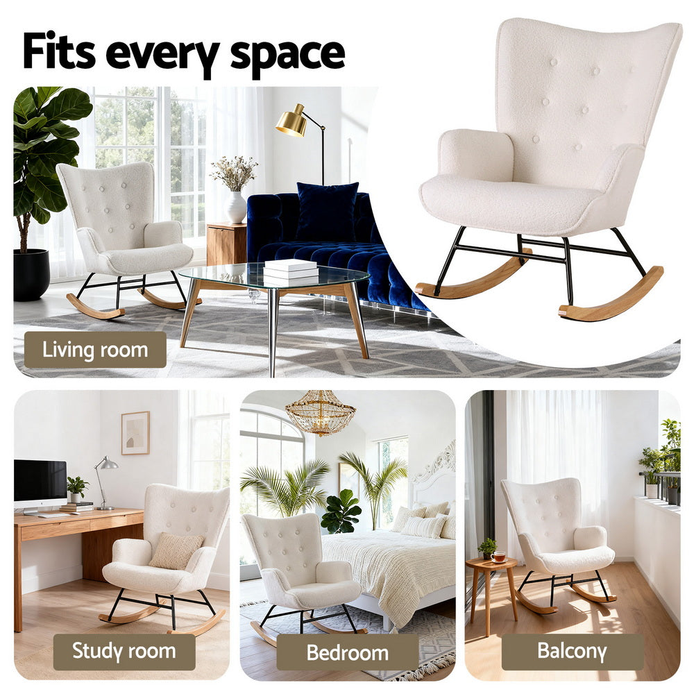 Rocking Armchair Nursing Chair Boucle Fabric - White