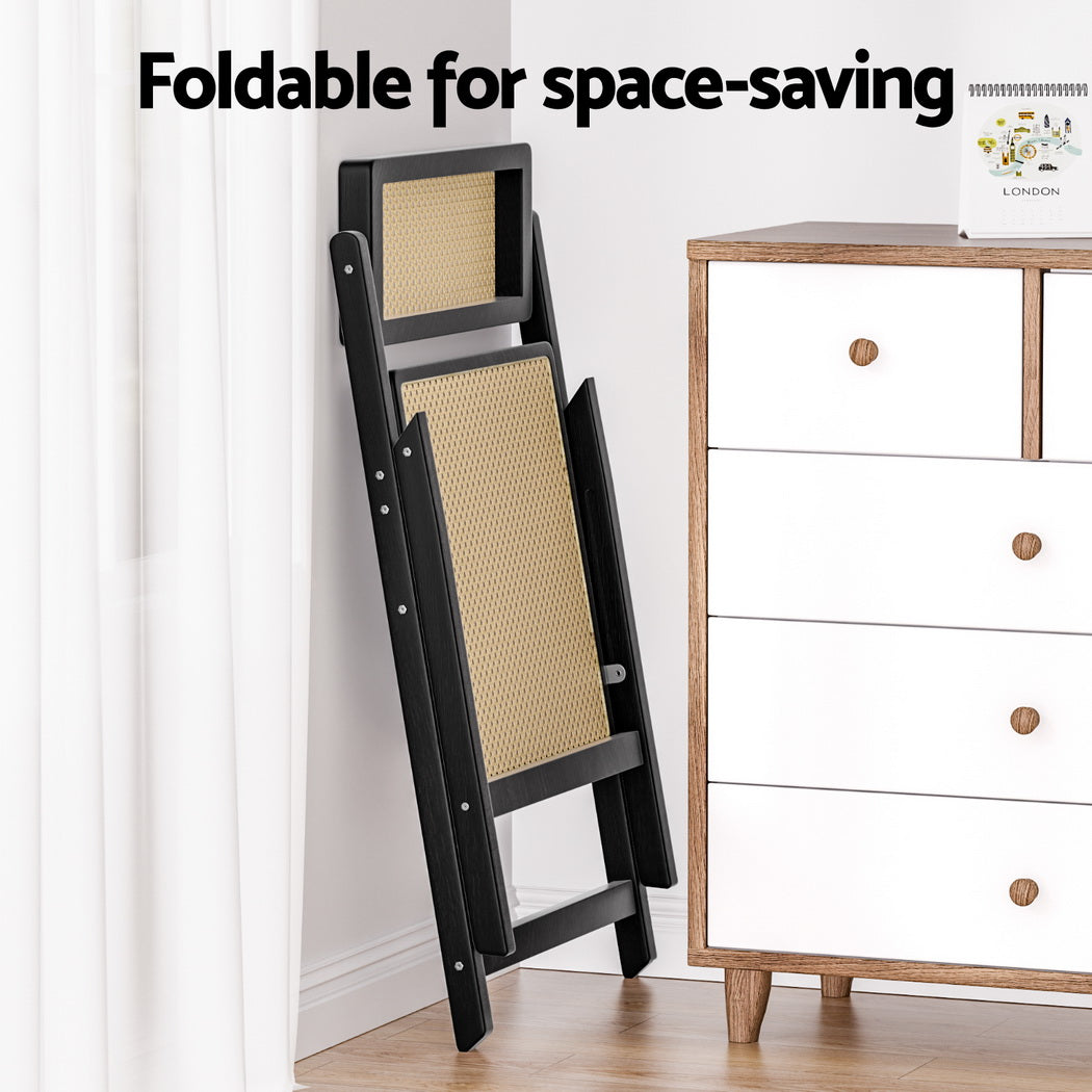 Set of 2 Wooden Rattan Foldable Dining Chairs - Black