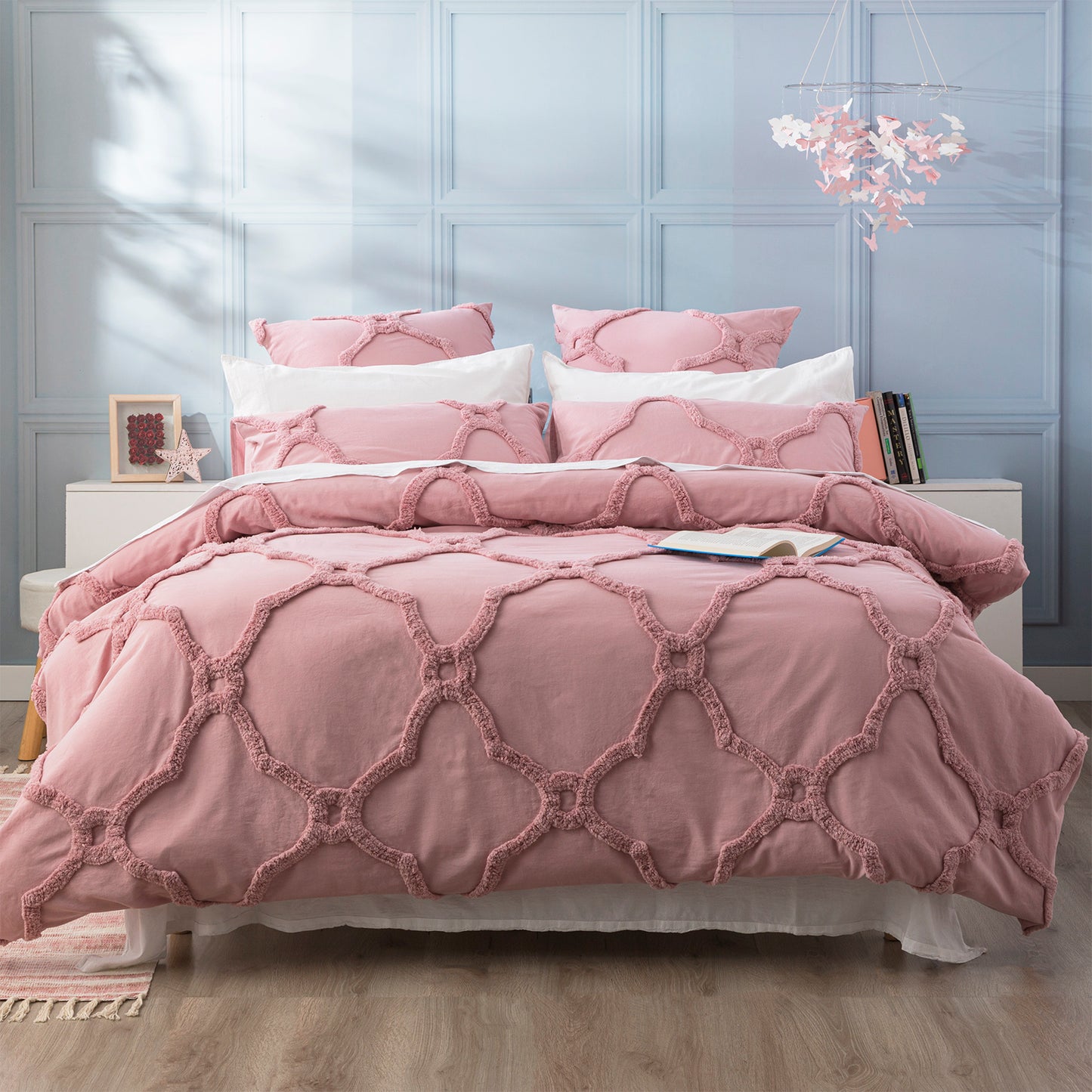 Moroccan 100% Cotton Chenille Vintage Washed Tufted Blush Quilt Cover Set - Super King