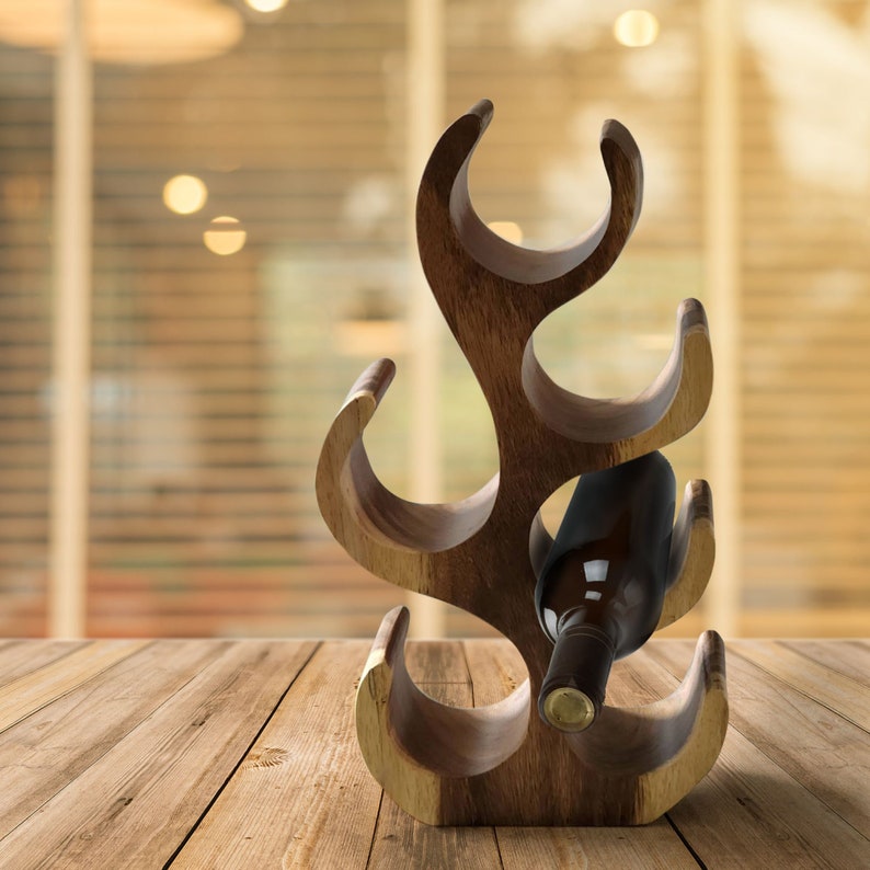 Handcrafted Carved Wooden Wine Rack 6 bottle - Acacia Wood