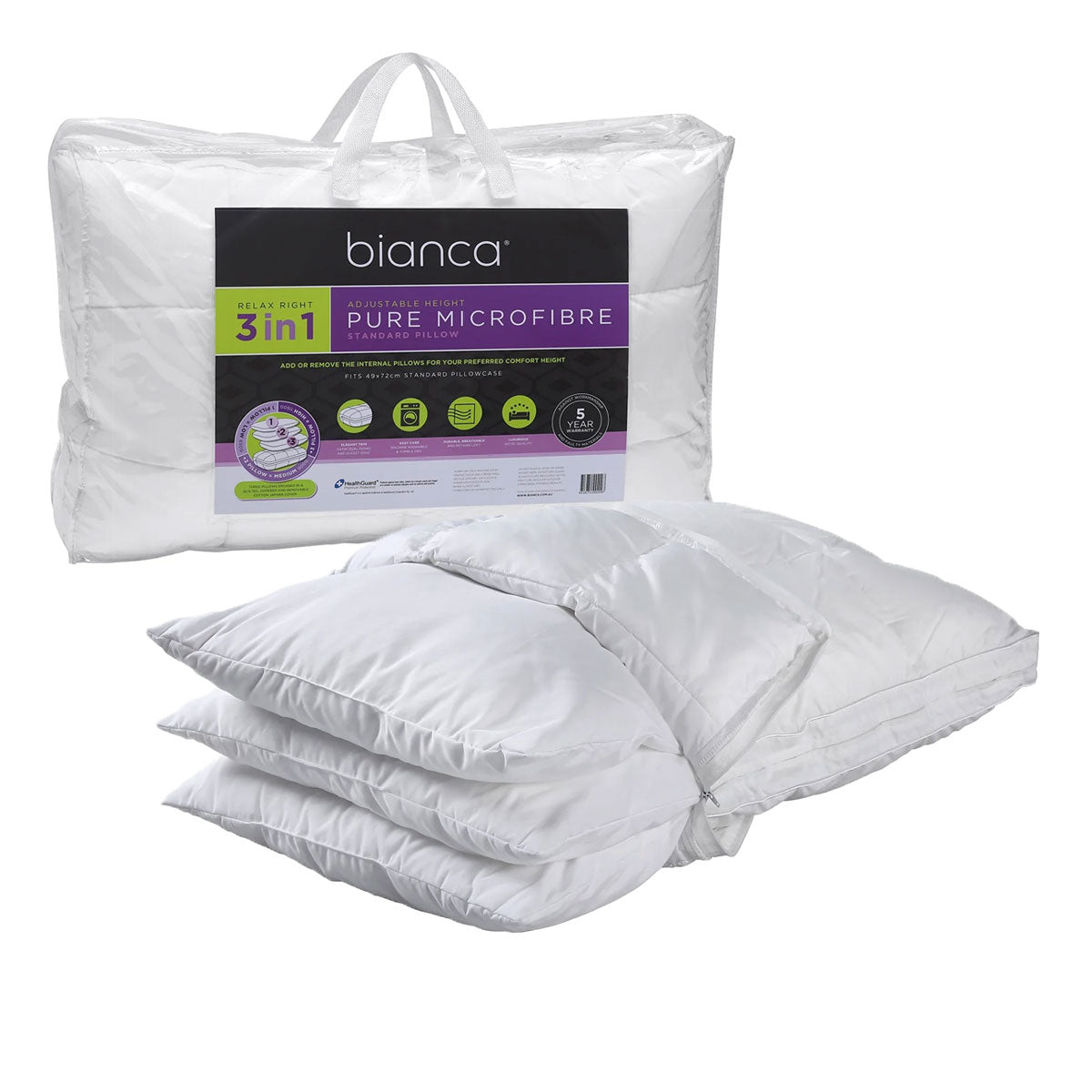 1150g Relax Right Pure Microfiber 3 in 1 Adjustable Standard Pillow 49 x 72cm