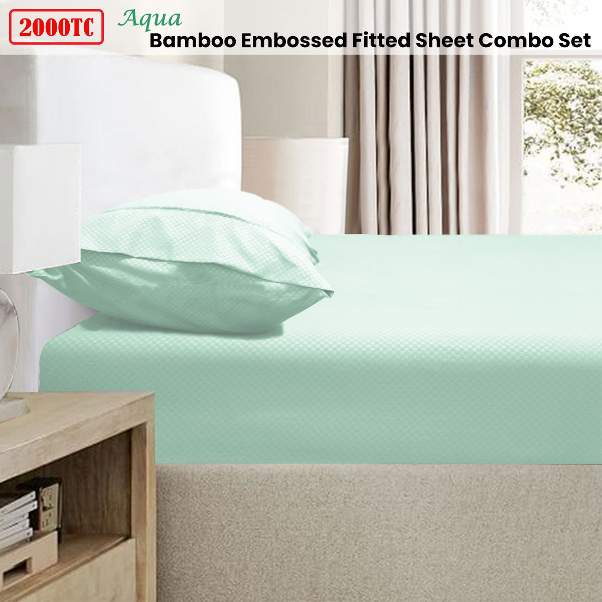 2000TC Bamboo Embossed Fitted Sheet Combo Set - Aqua