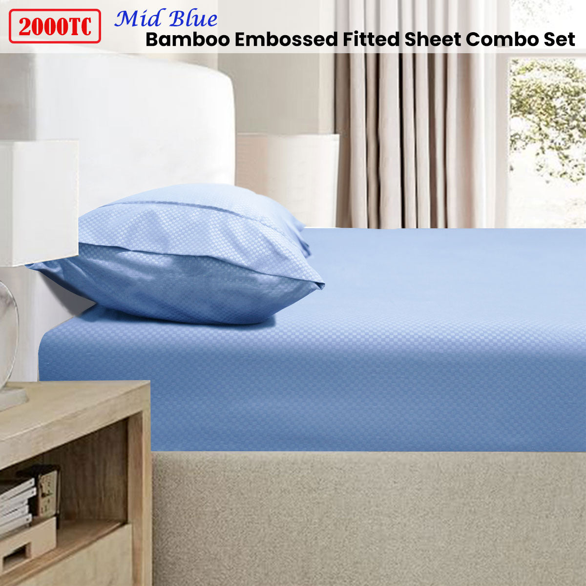 2000TC Bamboo Embossed Fitted Sheet Combo Set - Mid Blue