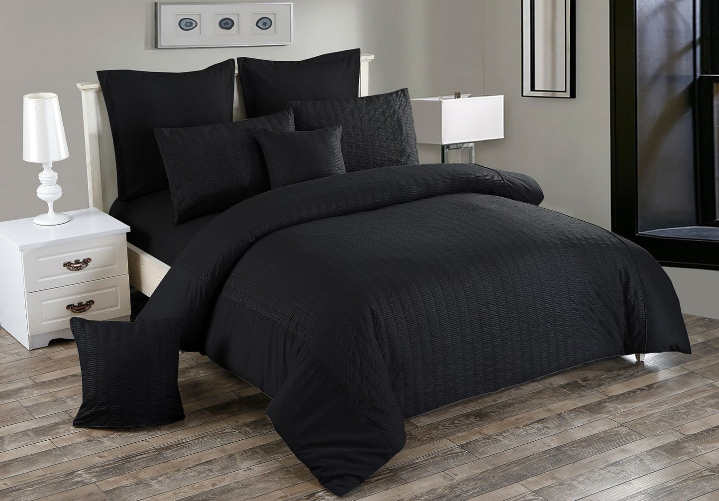 Seersucker Black Quilt Cover Set - 3PC