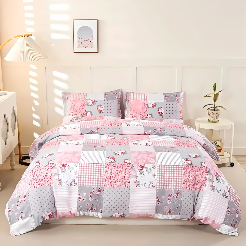 Soft Pink Plaid Quilt Cover Set - 3PC