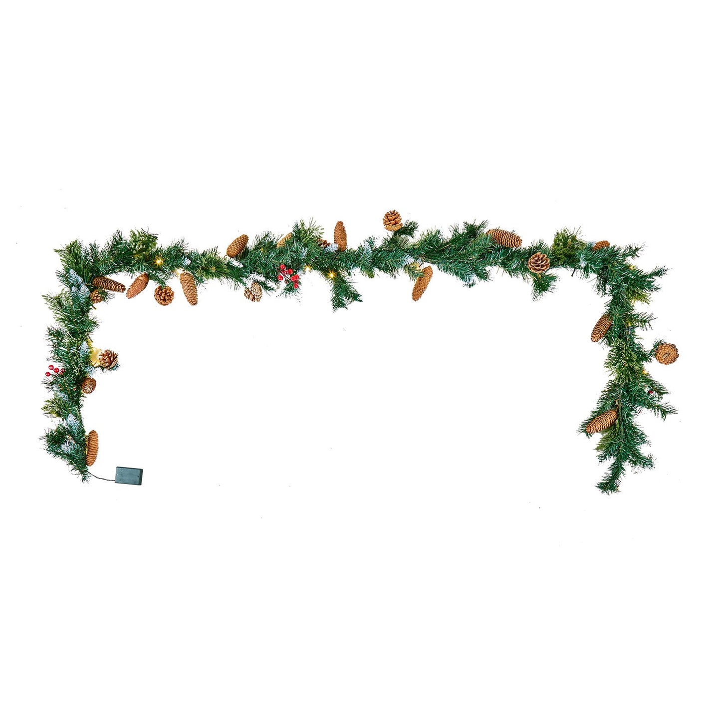 Christmas Garland – 275cm Artificial Greenery with Lights, Berries & Pine Cones for Holiday Décor