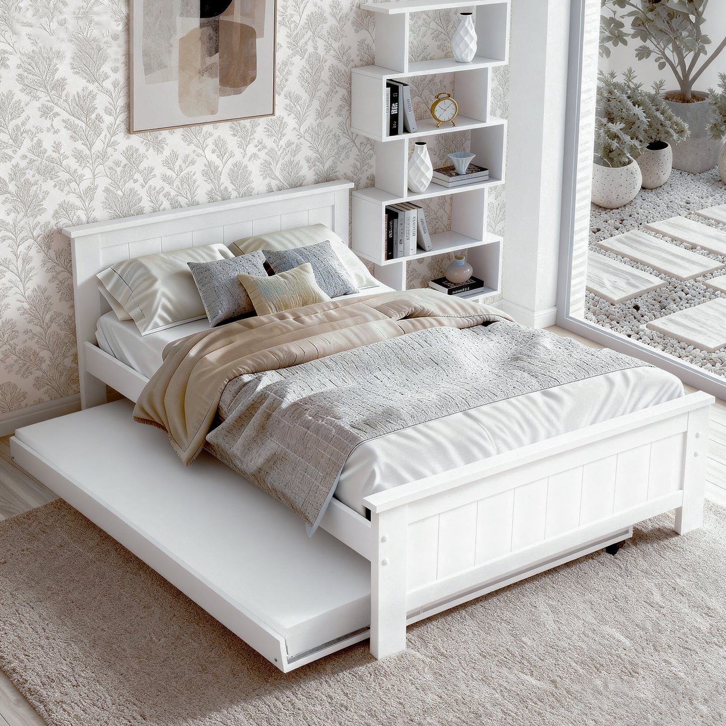 Elvis King Single Trundle Bed Frame and Bookshelf - White