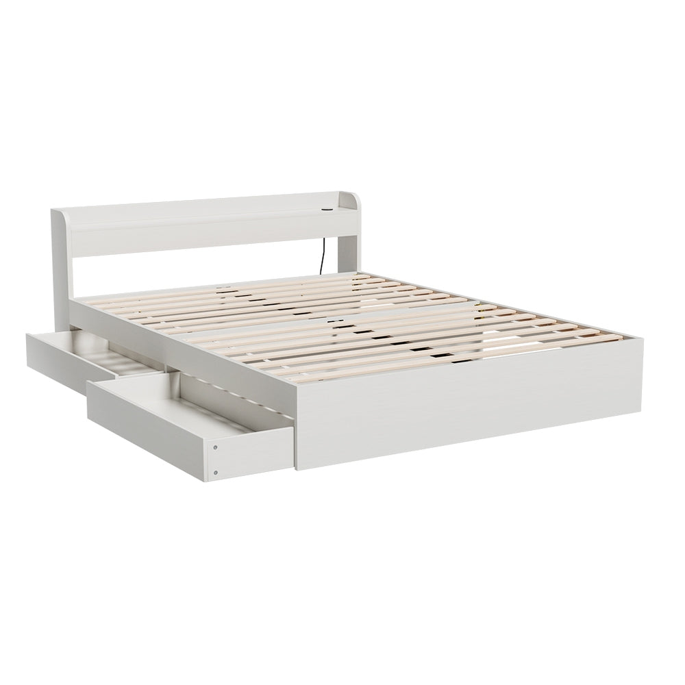 Aura Queen Bed Frame with Charging Ports 2 Storage Drawers - White