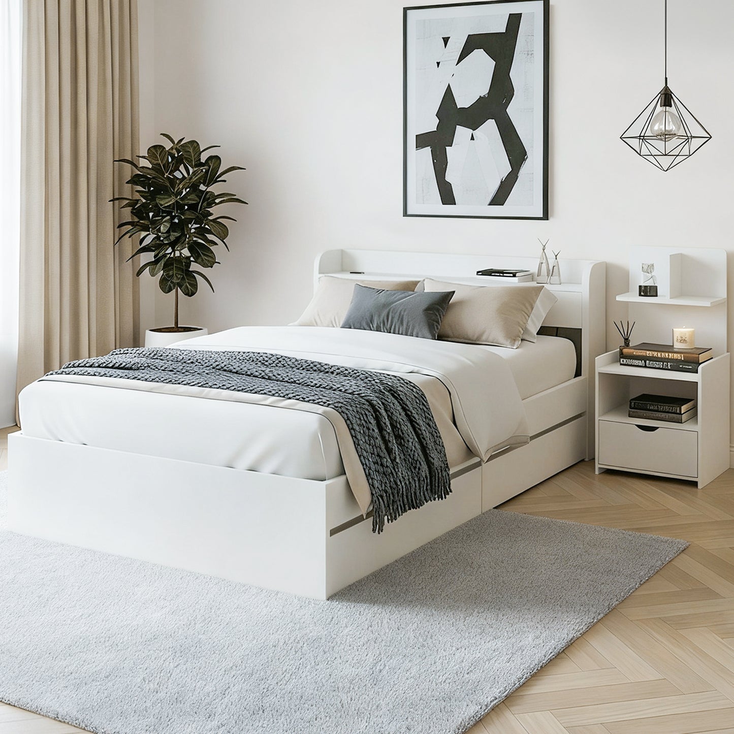 Aura Single Bed Frame with Charging Ports and Bedside Table - White