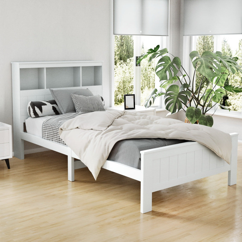 Conqueror King Single Bed Frame with 3 Shelves - White
