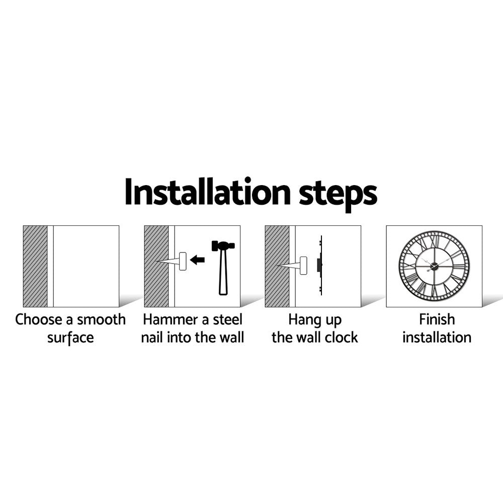 60cm Wall Clock Large Roman Numerals Metal - Black