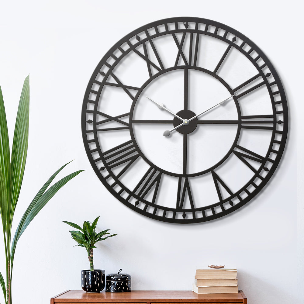 80cm Wall Clock Large Roman Numerals Metal - Black