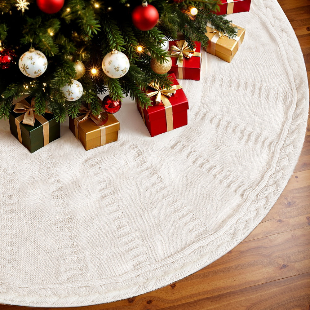 Christmas Tree Skirt 90cm Knitted Fabric Xmas Ornament Decor Beige