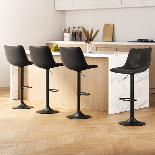 Set of 4 Jovy Vintage Leather Swivel Bar Stools - Black