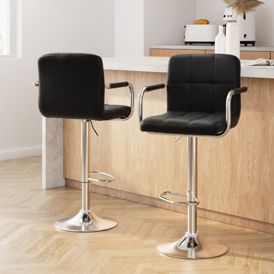 Set of 2 Leather w/Armrest Bar Stools - Black