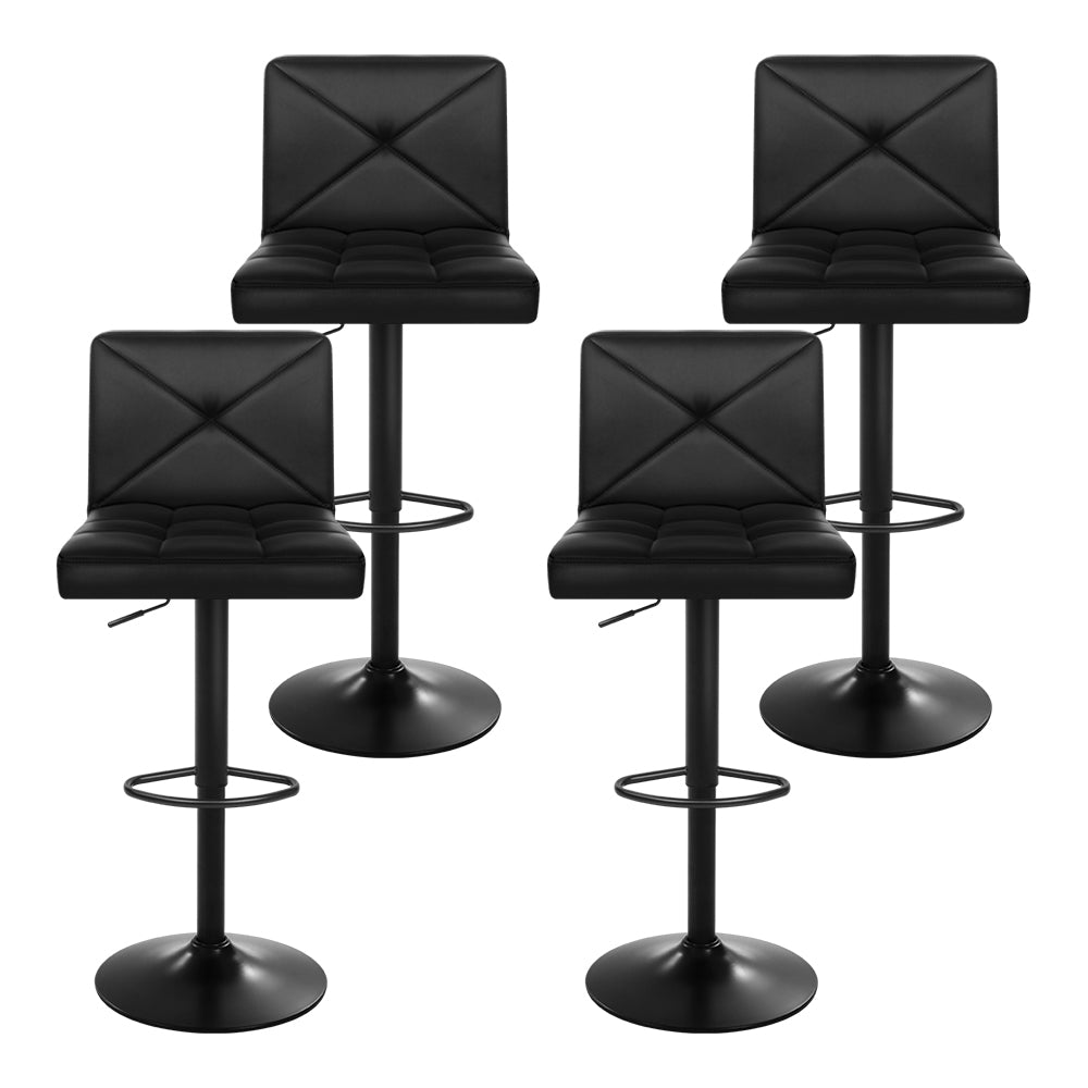 Set of 4 Diamond Leather Bar Stools Gas Lift Chair - Black