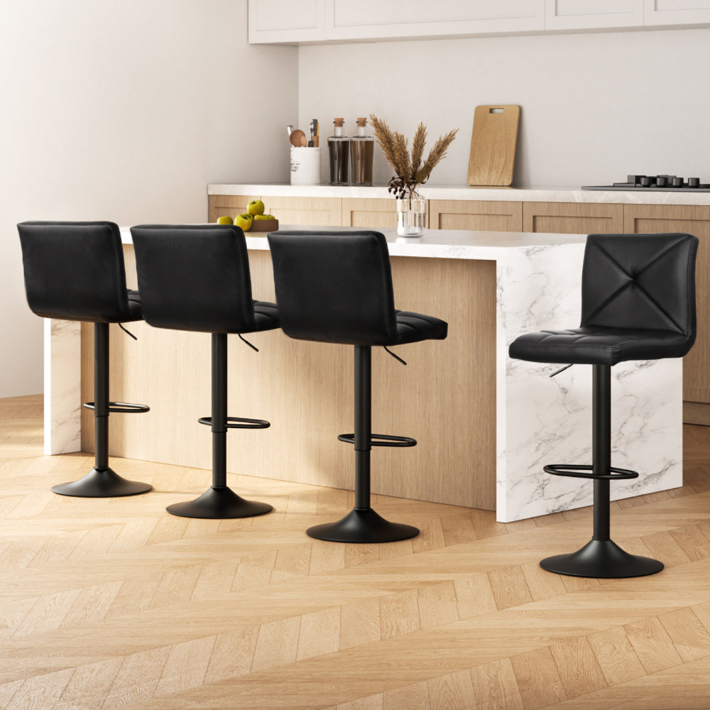 Set of 4 Diamond Leather Bar Stools Gas Lift Chair - Black