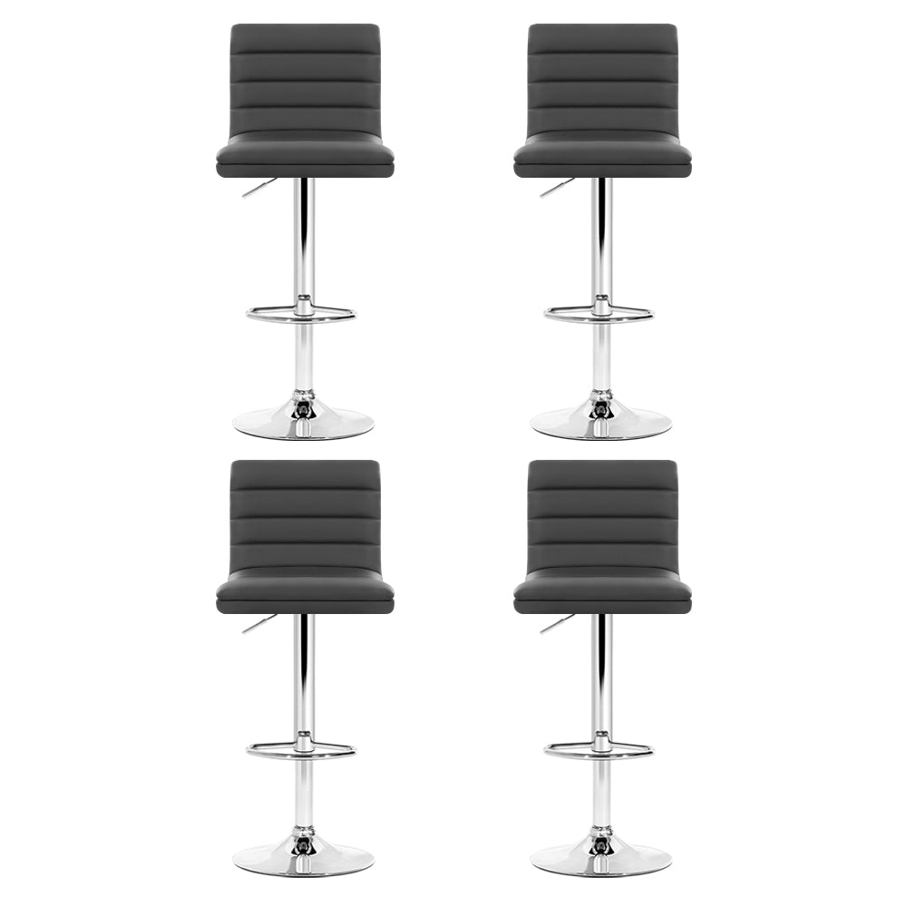 Set of 4 Leather Lined Pattern Bar Stools- Grey & Chrome