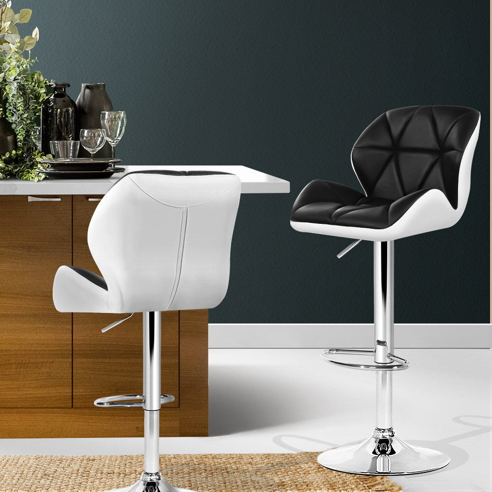 Set of 2 Leather Padded Bar Stools - Black & White