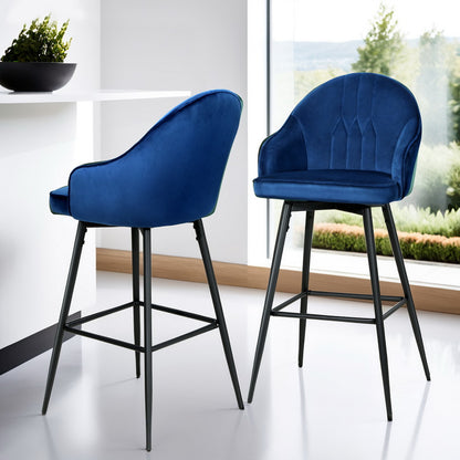 Set of 4 Mesial Bar Stools Velvet Swivel Metal Legs - Blue