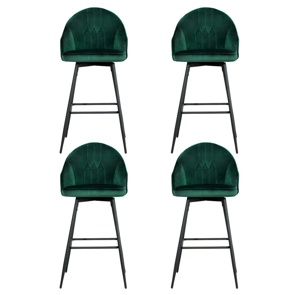 Set of 4 Mesial Bar Stools Velvet Swivel Metal Legs - Green