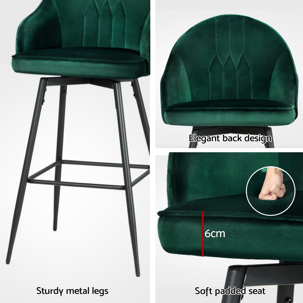 Set of 4 Mesial Bar Stools Velvet Swivel Metal Legs - Green