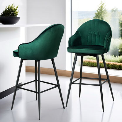 Set of 4 Mesial Bar Stools Velvet Swivel Metal Legs - Green