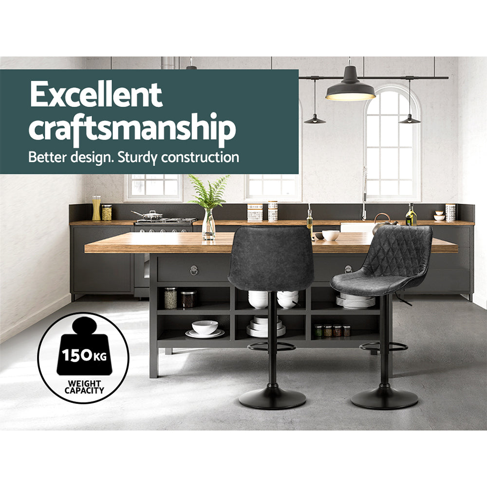 Set of 2 Rushal Vintage Leather Bar Stools - Black