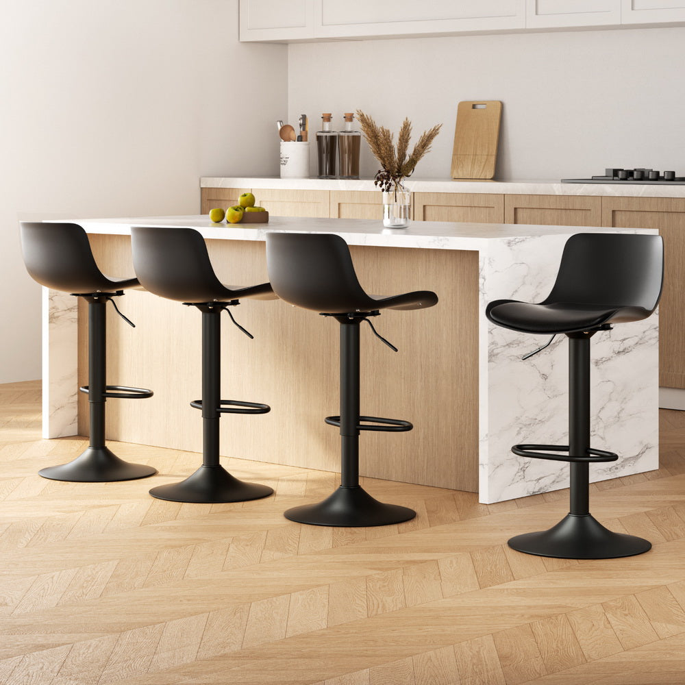 Set of 4 Fynn Bar Stools Padded Seat Gas Lift - Black