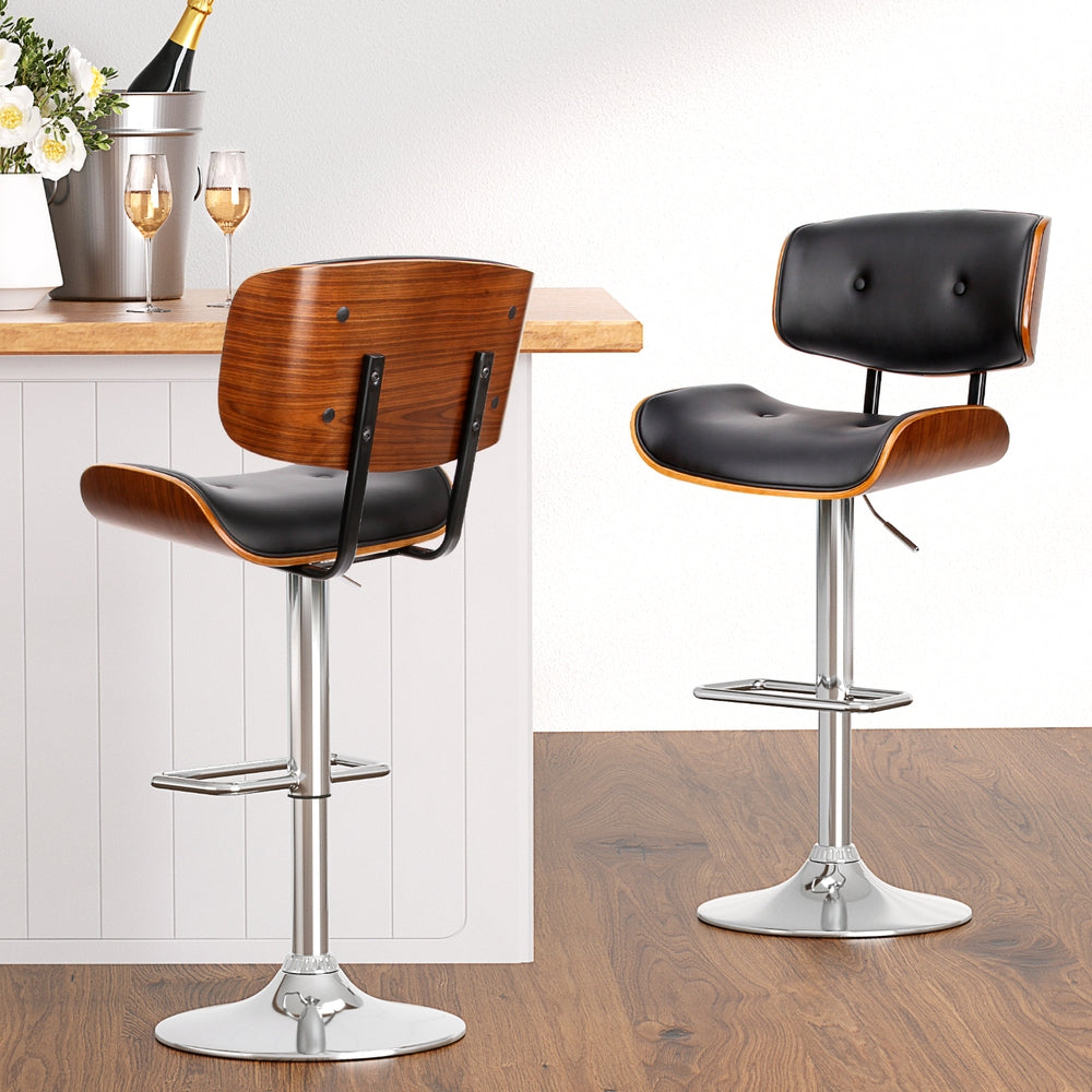 Set of 4 Bar Stools Gas Lift Leather - Black