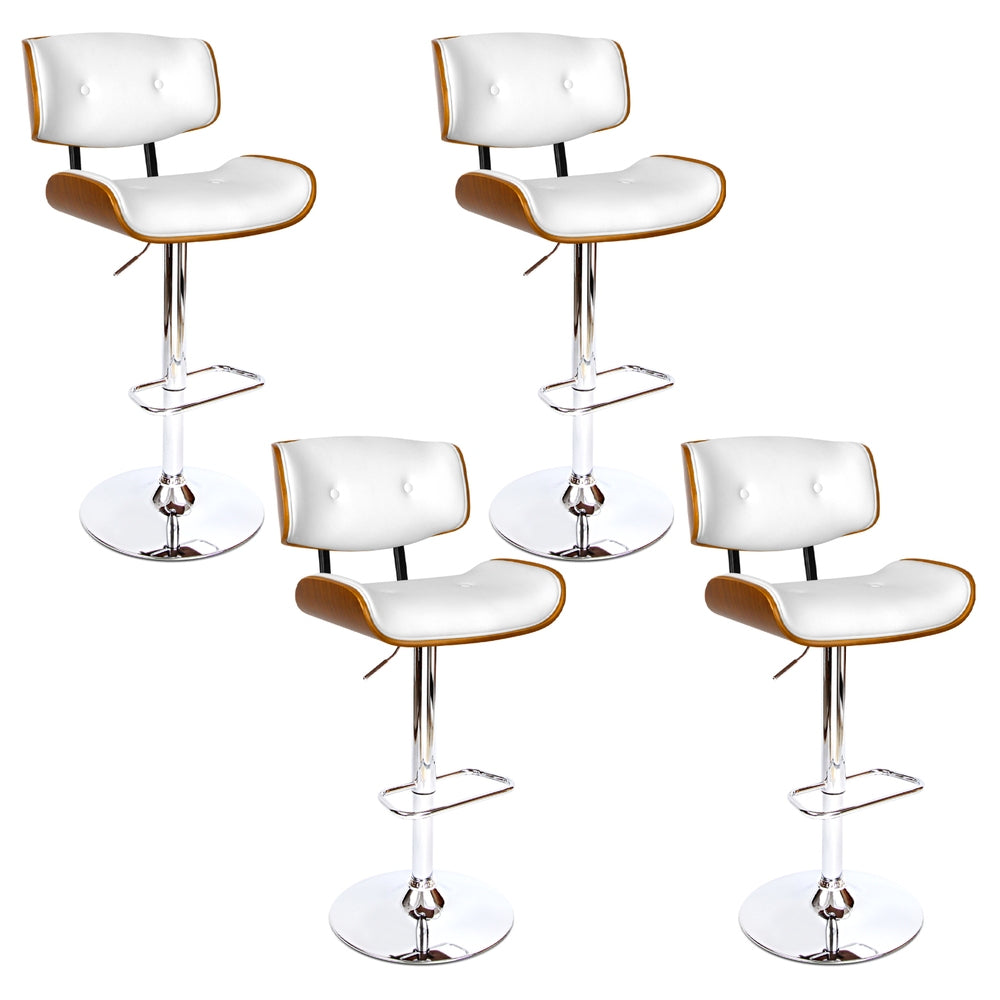 Set of 4 Cherry Bar Stools Gas Lift Leather - White
