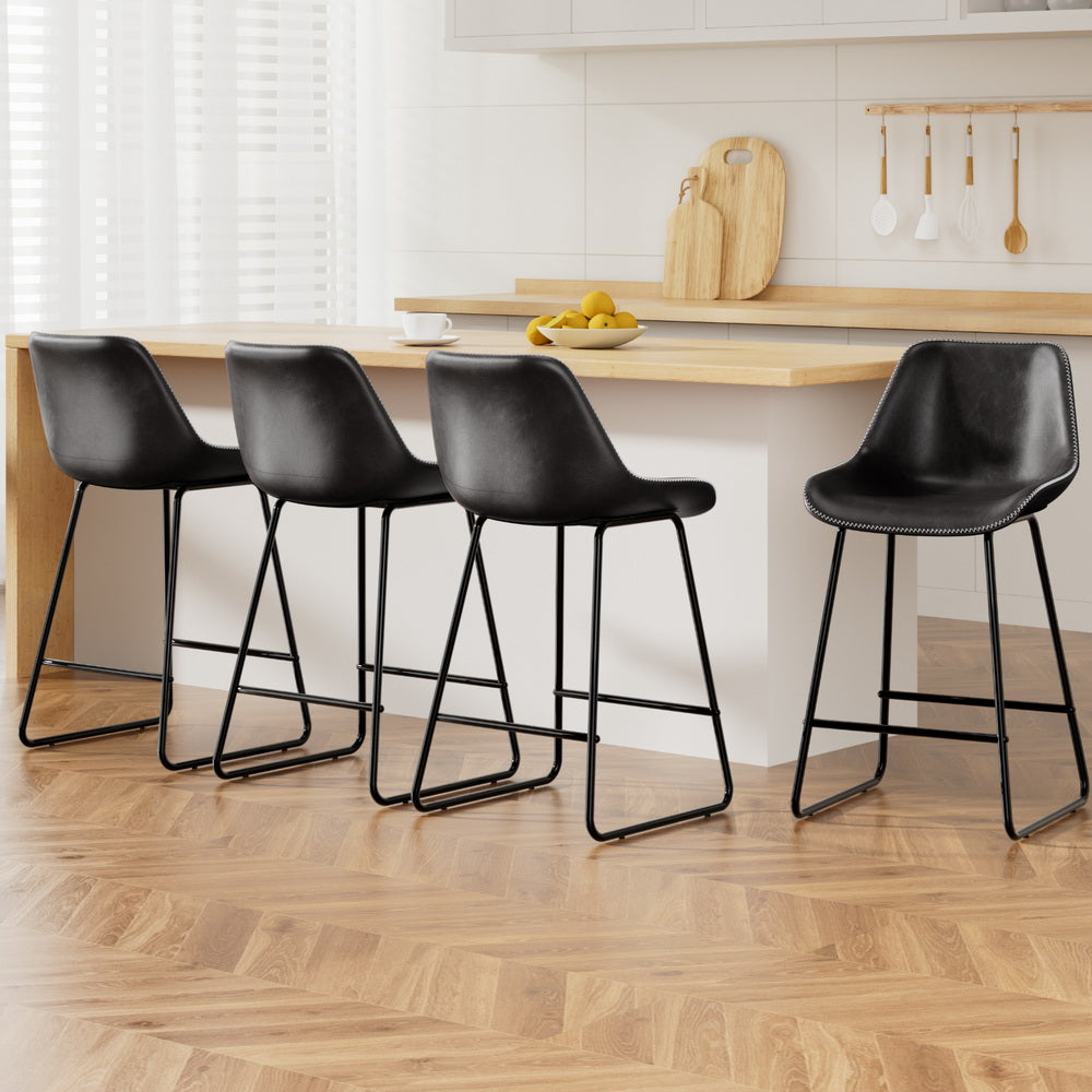 Set of 4 Leather Padded Bar Stools Metal Legs - Black