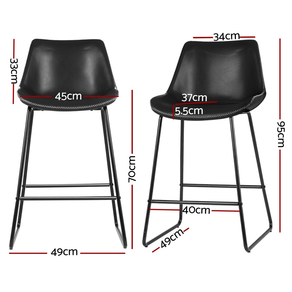 Set of 4 Leather Padded Bar Stools Metal Legs - Black