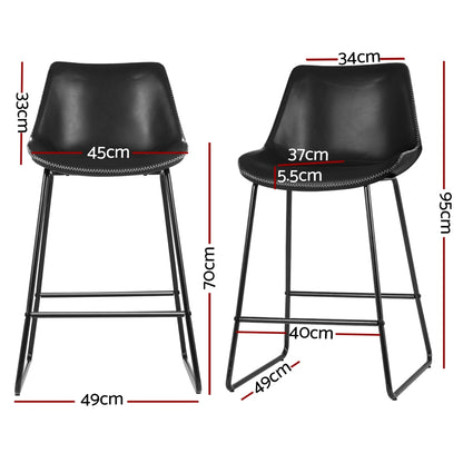 Set of 4 Leather Padded Bar Stools Metal Legs - Black