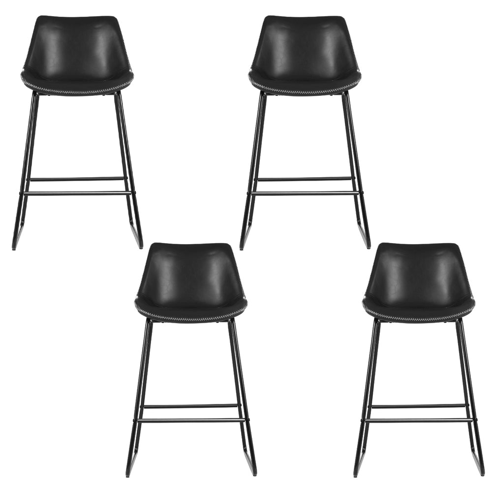 Set of 4 Leather Padded Bar Stools Metal Legs - Black