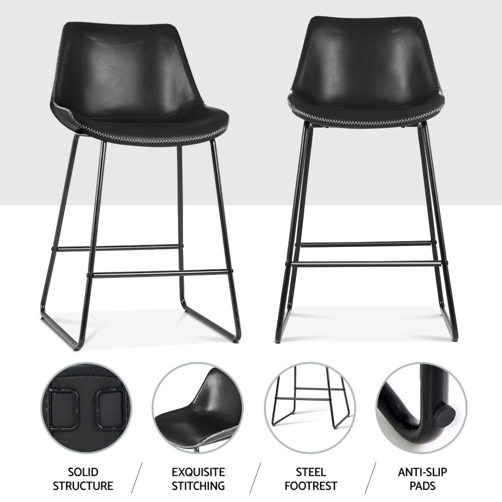 Set of 4 Leather Padded Bar Stools Metal Legs - Black