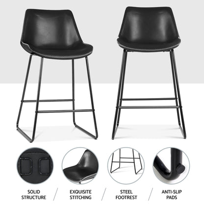 Set of 4 Leather Padded Bar Stools Metal Legs - Black