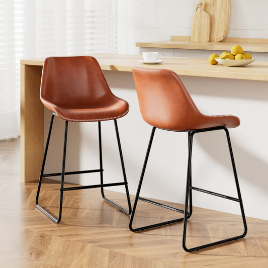 Set of 2 Fenella Leather Bar Stools - Brown
