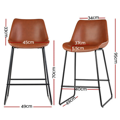Set of 2 Fenella Leather Bar Stools - Brown