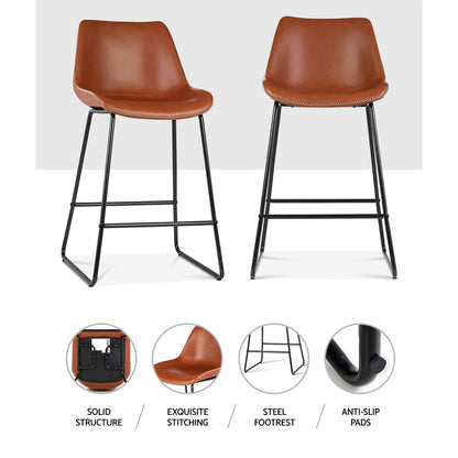 Set of 2 Fenella Leather Bar Stools - Brown
