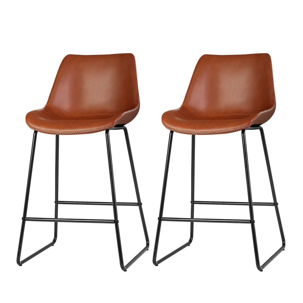 Set of 2 Fenella Leather Bar Stools - Brown