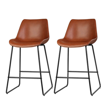 Set of 2 Fenella Leather Bar Stools - Brown