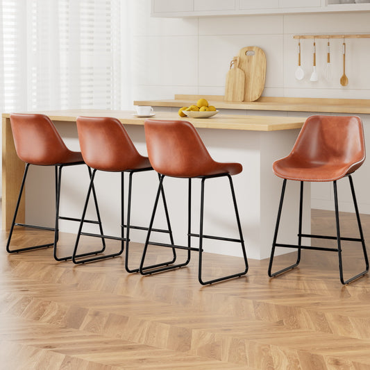 Set of 4 Leather Padded Bar Stools Metal Legs - Brown