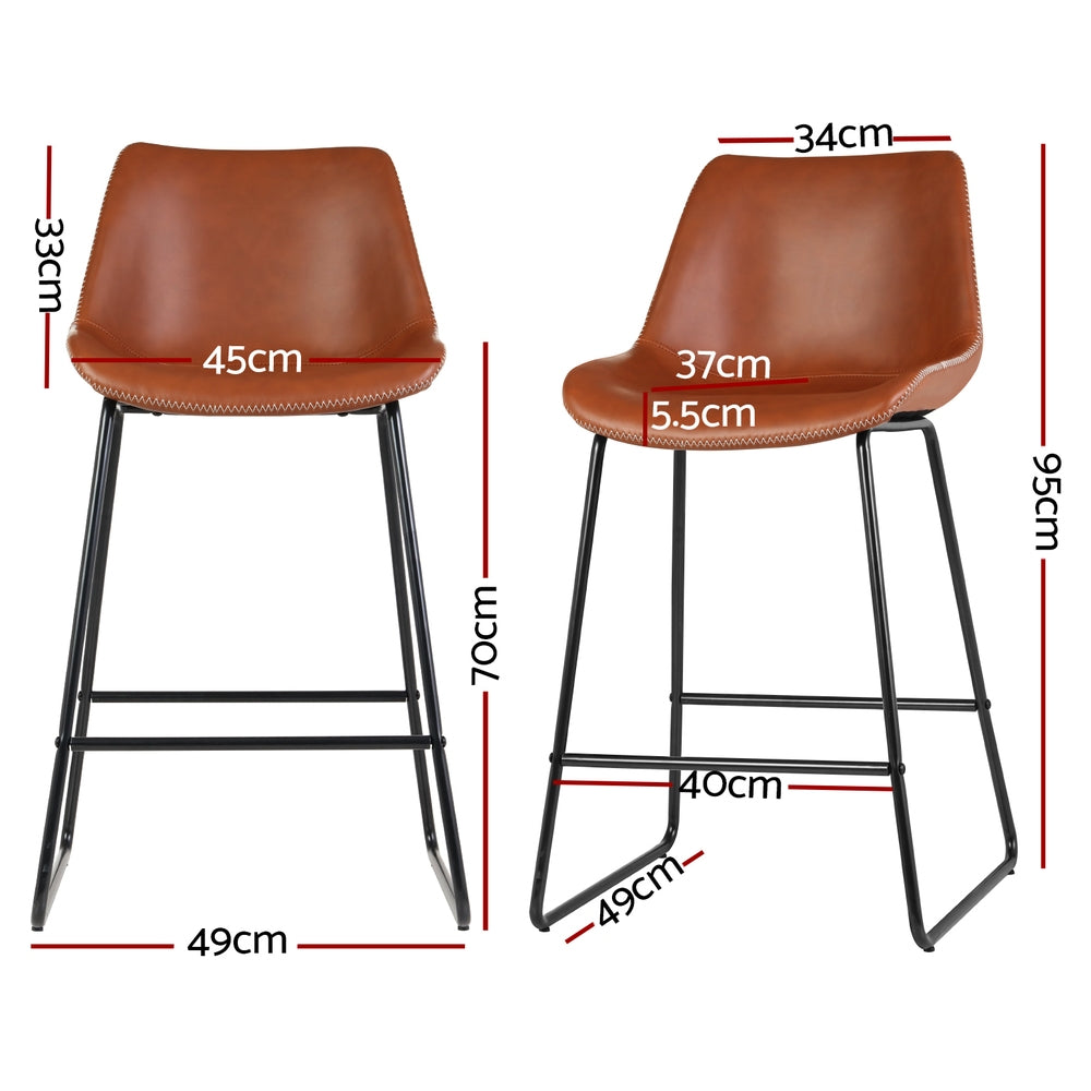 Set of 4 Leather Padded Bar Stools Metal Legs - Brown