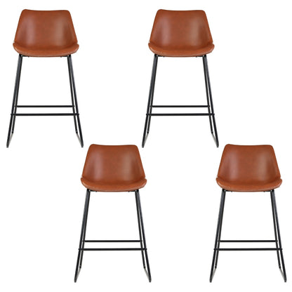Set of 4 Leather Padded Bar Stools Metal Legs - Brown